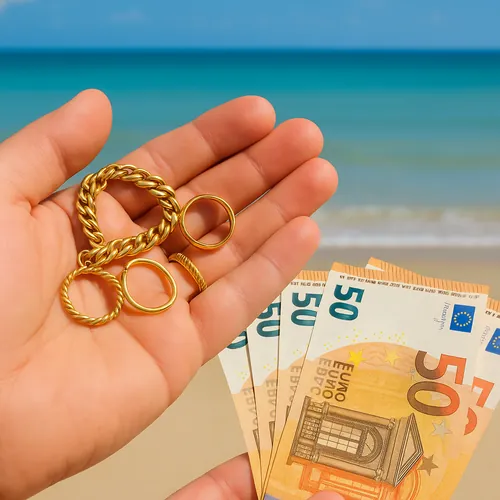 mano y playa con billetes